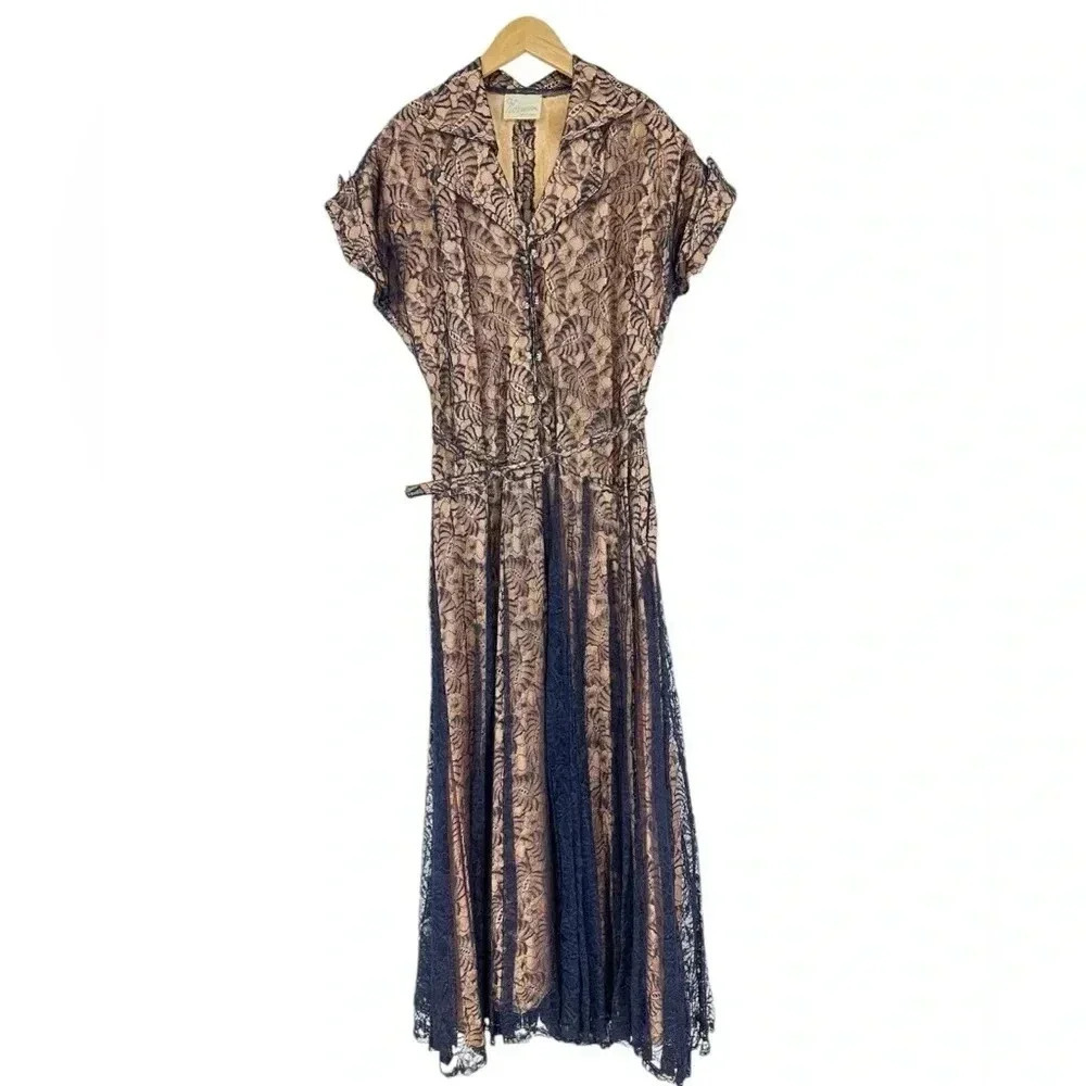 Vintage 30s A Norman Original navy lace evening illusion dress